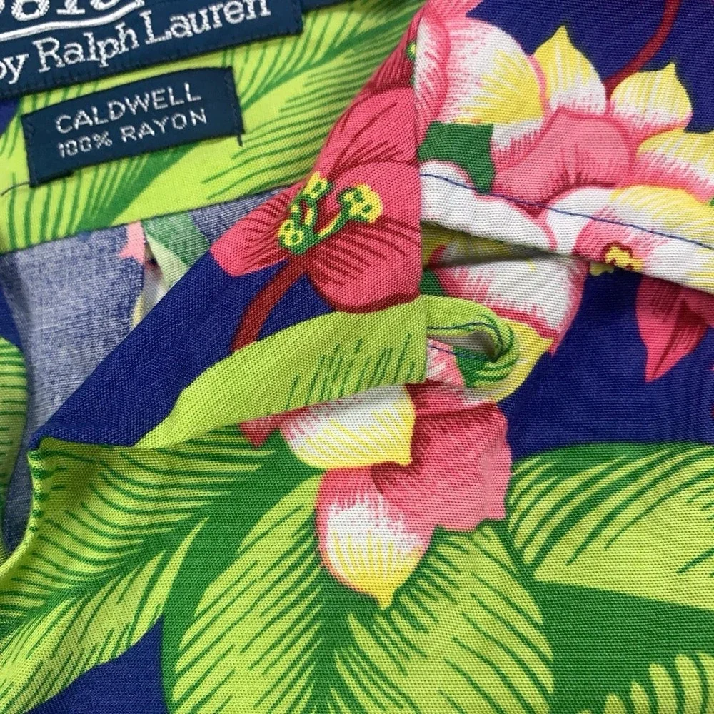 VTG Polo Ralph Lauren Caldwell Shirt Mens XL Floral Rayon Loop Collar Hawaiian
